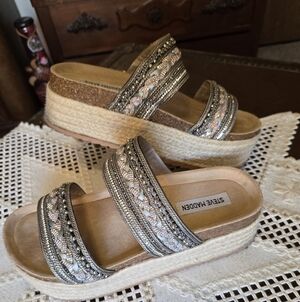 Steve Madden Women's Beaded Beige Slide Platform Sandals